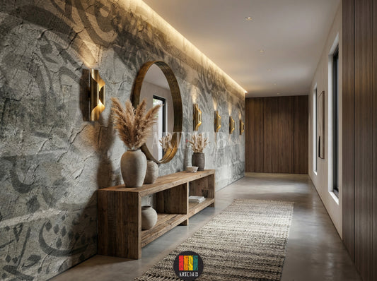 A modern hallway featuring a grey Relief textured wallpaper with subtle abstract patterns, a light beige sectional sofa, marble coffee table, and a small plant. Perfect for contemporary wall decor in Egypt.
غرفة عصرية تضم ورق حائط رمادي بتصميم خرساني ونقوش تجريدية خفيفة، مع كنبة مودرن باللون البيج الفاتح وطاولة قهوة رخامية ونبات. مثالي لديكورات حوائط مصر.
room: hallway