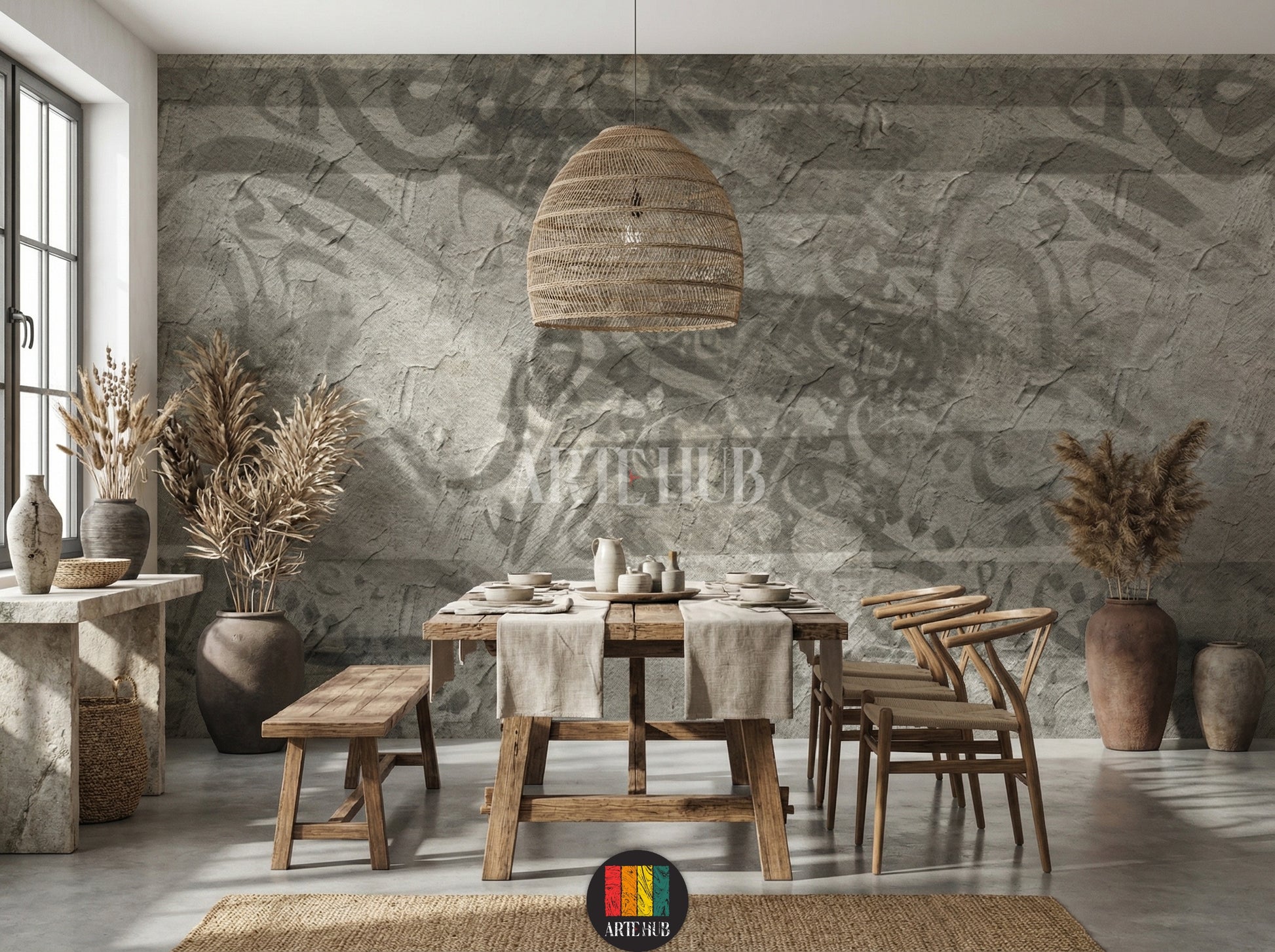 A modern dining room featuring a grey Relief textured wallpaper with subtle abstract patterns, a light beige sectional sofa, marble coffee table, and a small plant. Perfect for contemporary wall decor in Egypt.
غرفة سفرة عصرية تضم ورق حائط Relief رمادي بتصميم خرساني ونقوش تجريدية خفيفة، مع كنبة مودرن باللون البيج الفاتح وطاولة قهوة رخامية ونبات. مثالي لديكورات حوائط مصر.
room: dining room