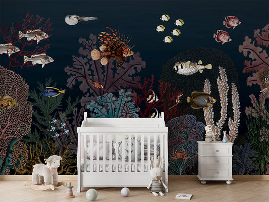 Roaring Reef - Blue luxury wallpaper in kids room interior — Artehub Egypt