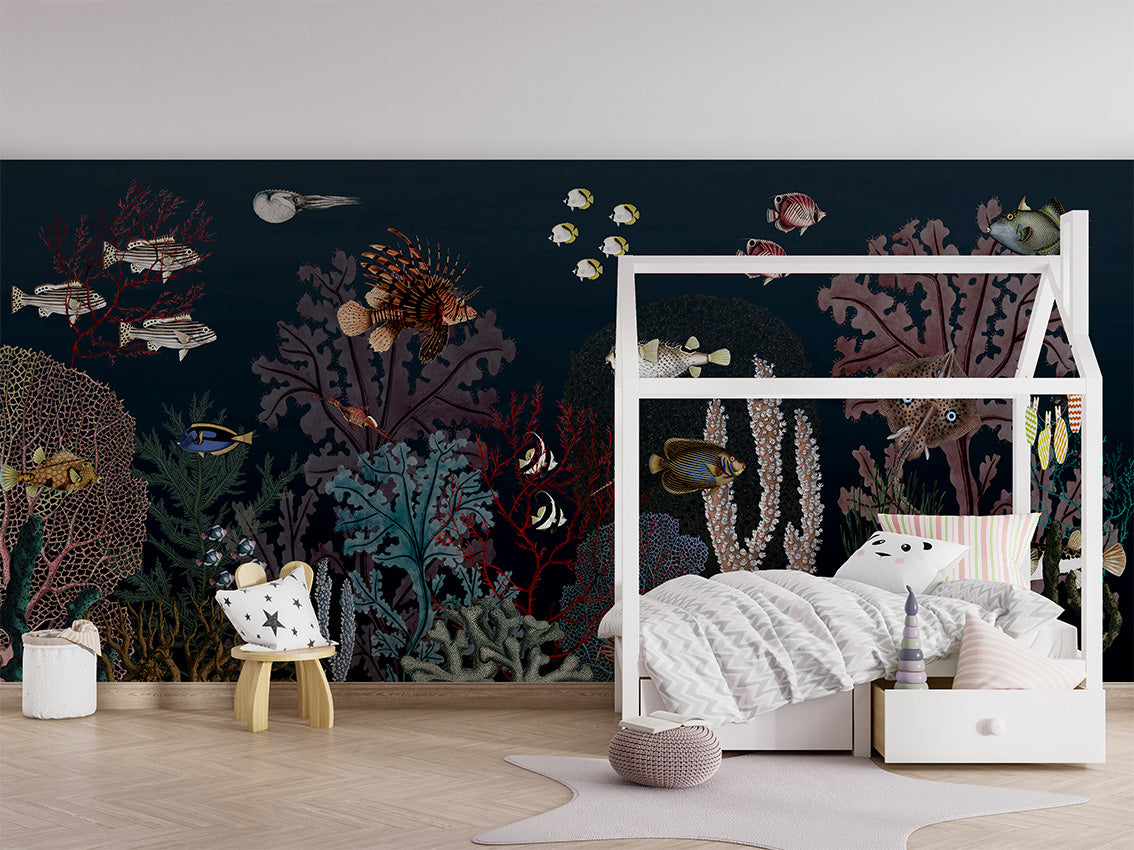 Roaring Reef - Blue luxury wallpaper in kids room interior — Artehub Egypt