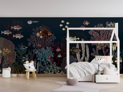 Roaring Reef - Blue luxury wallpaper in kids room interior — Artehub Egypt