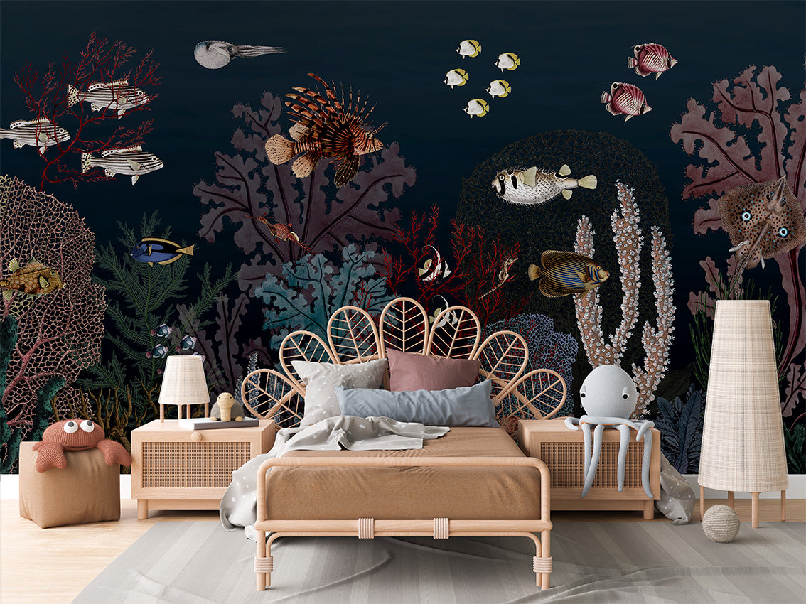 Roaring Reef - Blue luxury wallpaper in kids room interior — Artehub Egypt