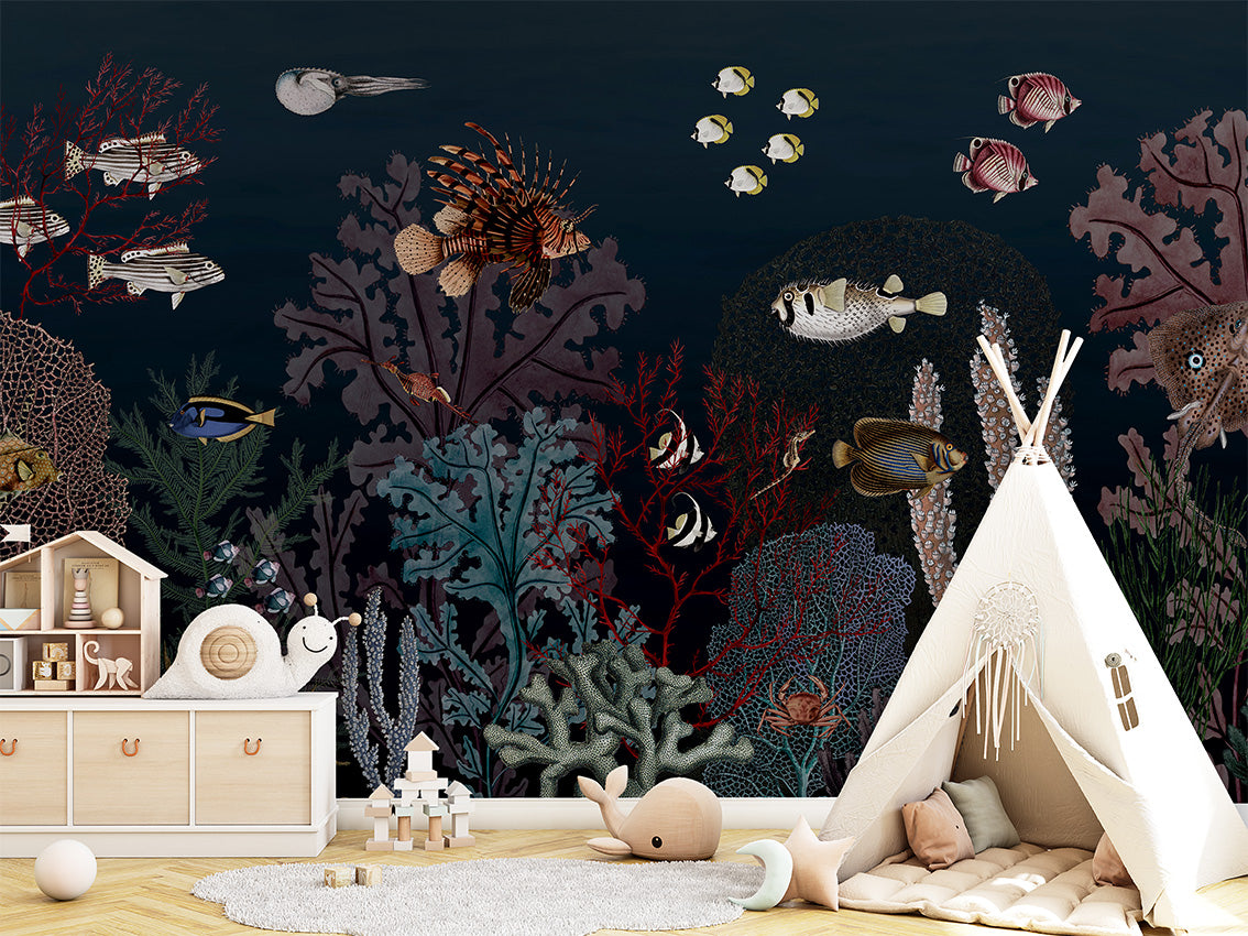 Roaring Reef - Blue luxury wallpaper in kids room interior — Artehub Egypt