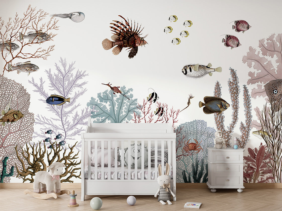 Roaring Reef - White luxury wallpaper in kids room interior — Artehub Egypt