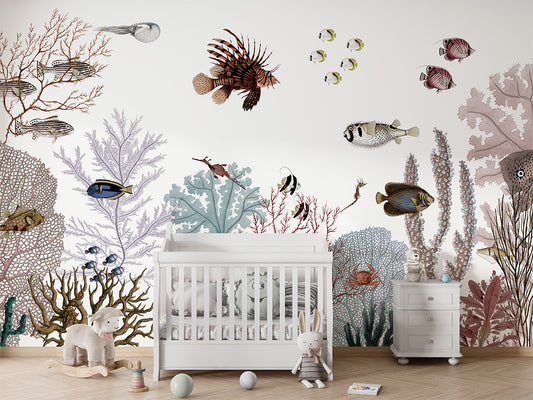 Roaring Reef - White luxury wallpaper in kids room interior — Artehub Egypt