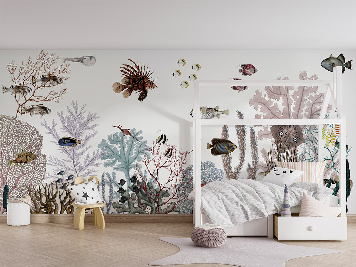 Roaring Reef - White luxury wallpaper in kids room interior — Artehub Egypt