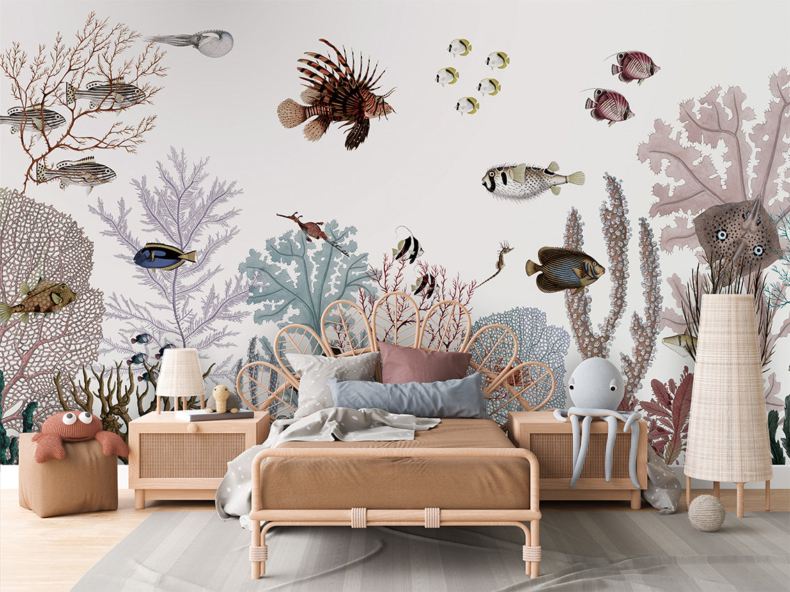Roaring Reef - White luxury wallpaper in kids room interior — Artehub Egypt