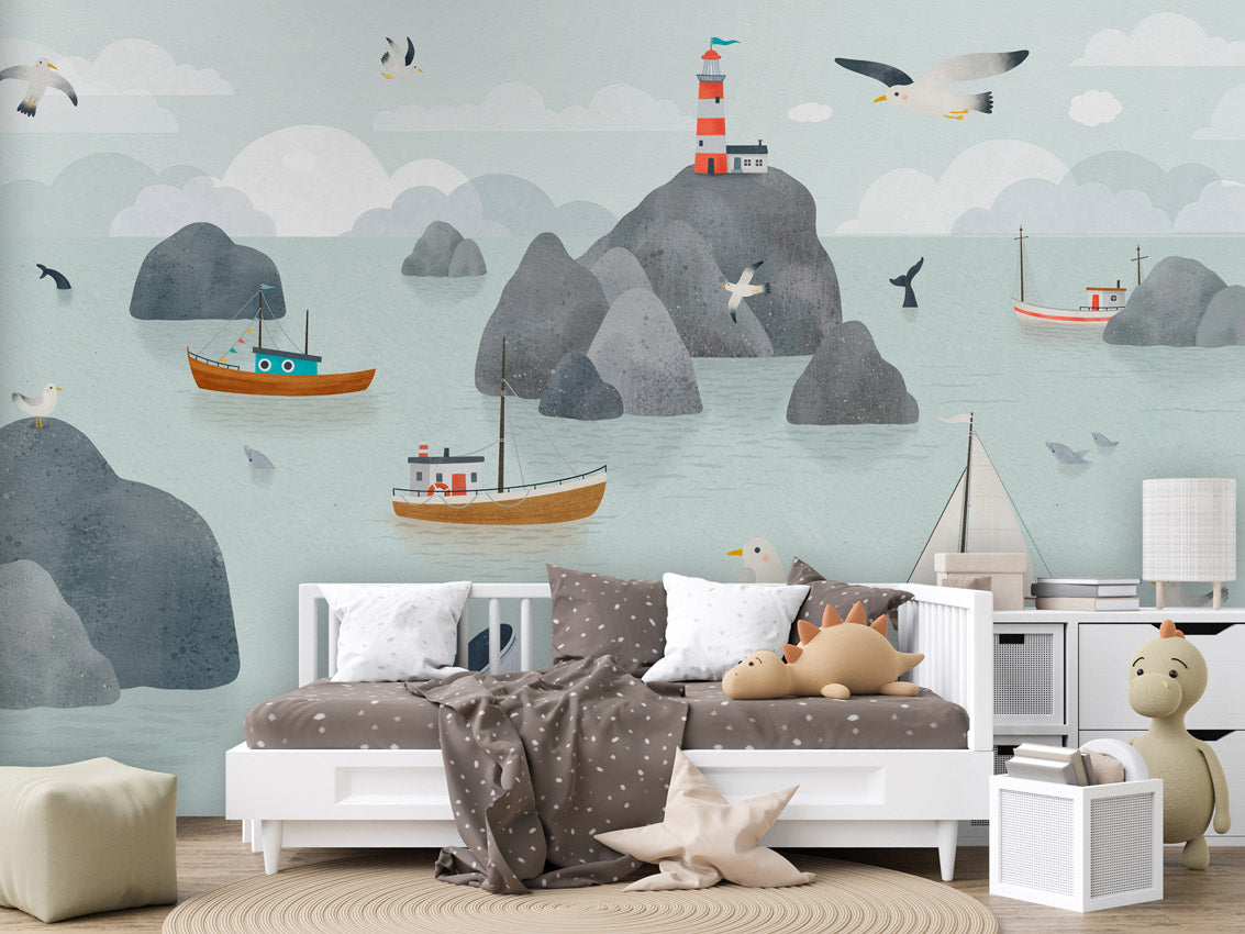 Seaside Stories kids room wallpaper interior — premium wallpaper by Artehub Egypt