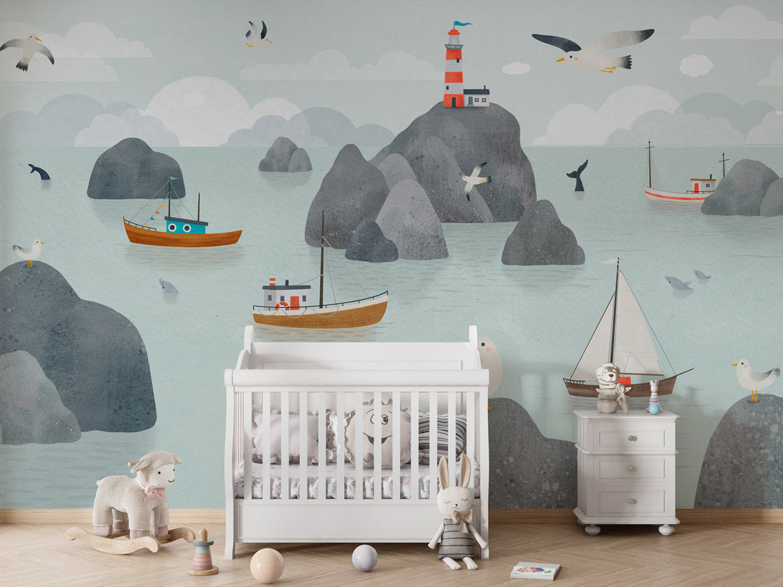 Seaside Stories kids room wallpaper interior — premium wallpaper by Artehub Egypt
