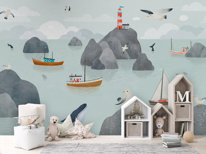 Seaside Stories kids room wallpaper interior — premium wallpaper by Artehub Egypt