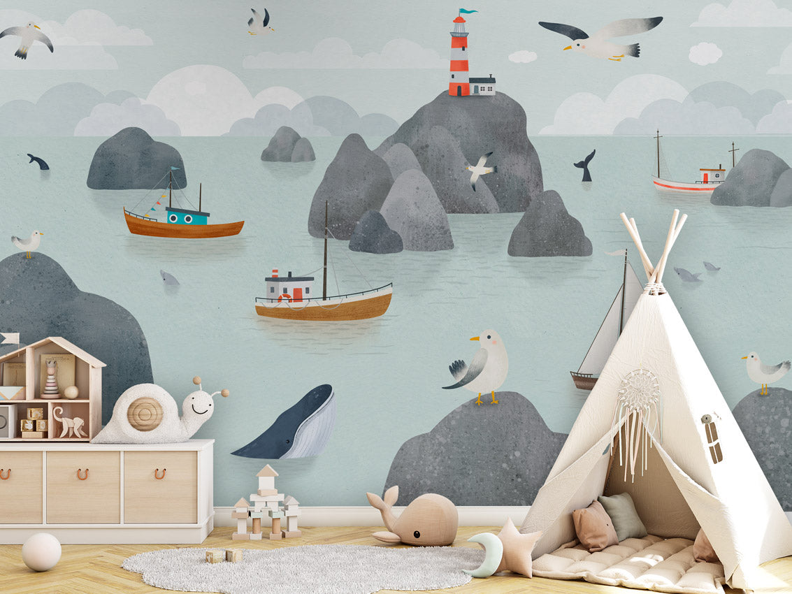 Seaside Stories kids room wallpaper interior — premium wallpaper by Artehub Egypt