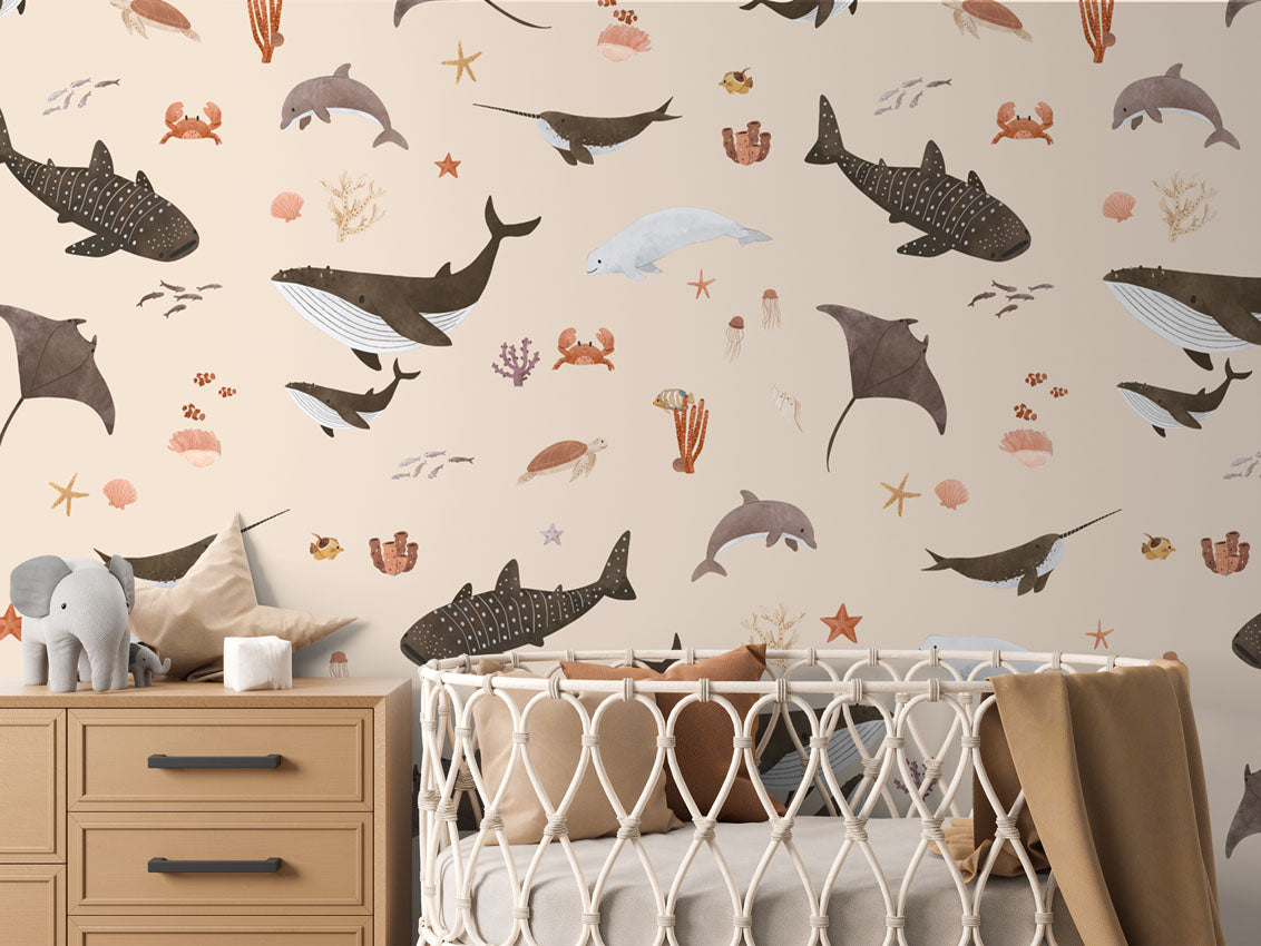 Splendid Sea Beige luxury motif wallpaper in kids room interior — Artehub Egypt