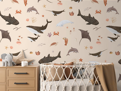 Splendid Sea Beige luxury motif wallpaper in kids room interior — Artehub Egypt