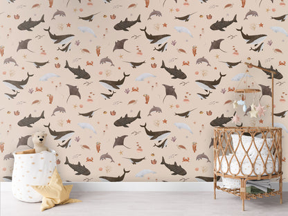 Splendid Sea Beige luxury motif wallpaper in kids room interior — Artehub Egypt