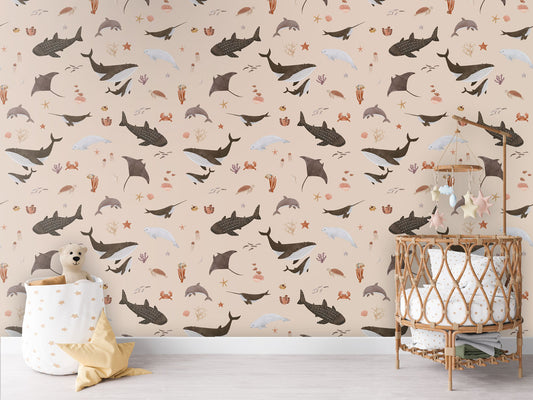 Splendid Sea Beige luxury motif wallpaper in kids room interior — Artehub Egypt