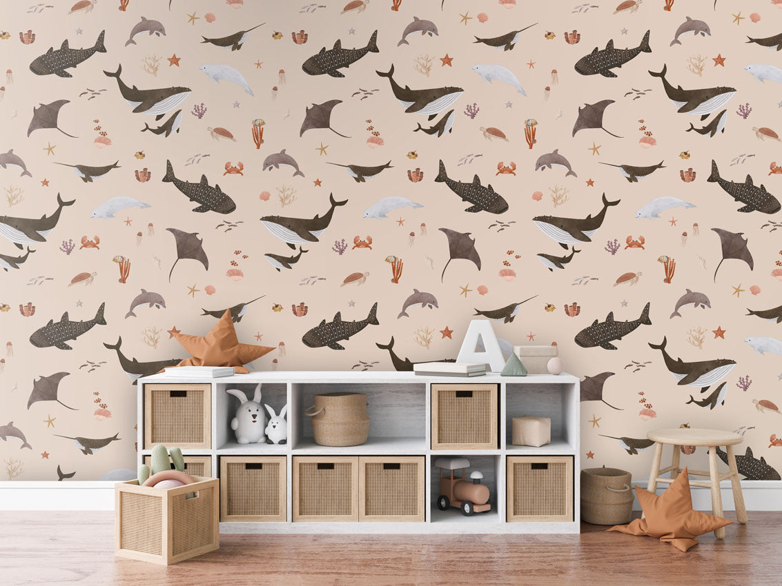 Splendid Sea Beige luxury motif wallpaper in kids room interior — Artehub Egypt