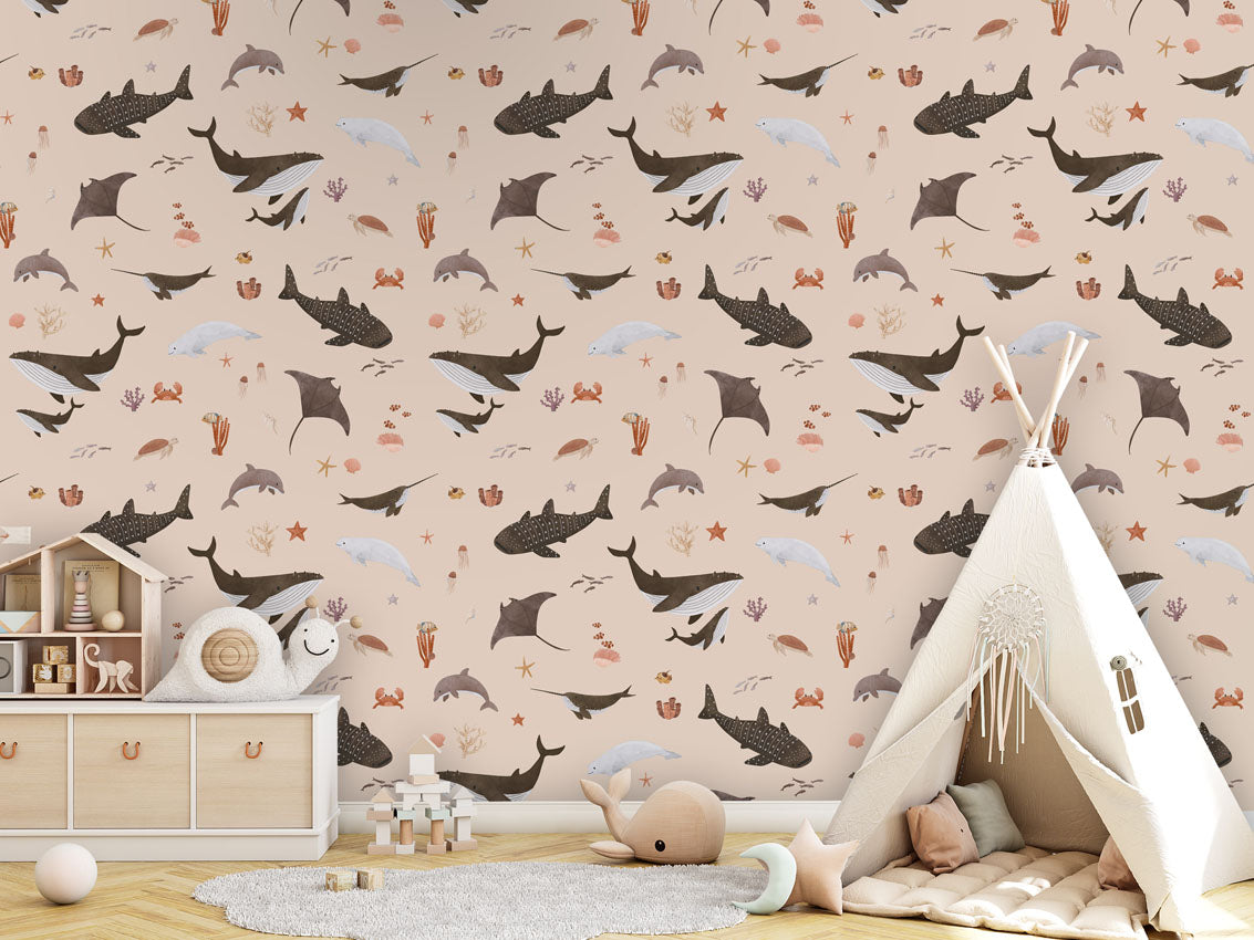 Splendid Sea Beige luxury motif wallpaper in kids room interior — Artehub Egypt