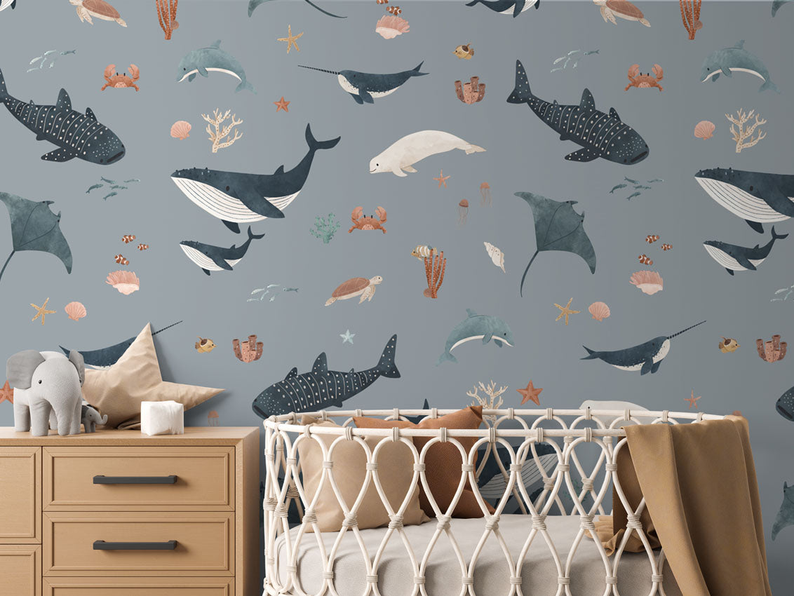Splendid Sea - Blue luxury wallpaper in kids room interior — Artehub Egypt