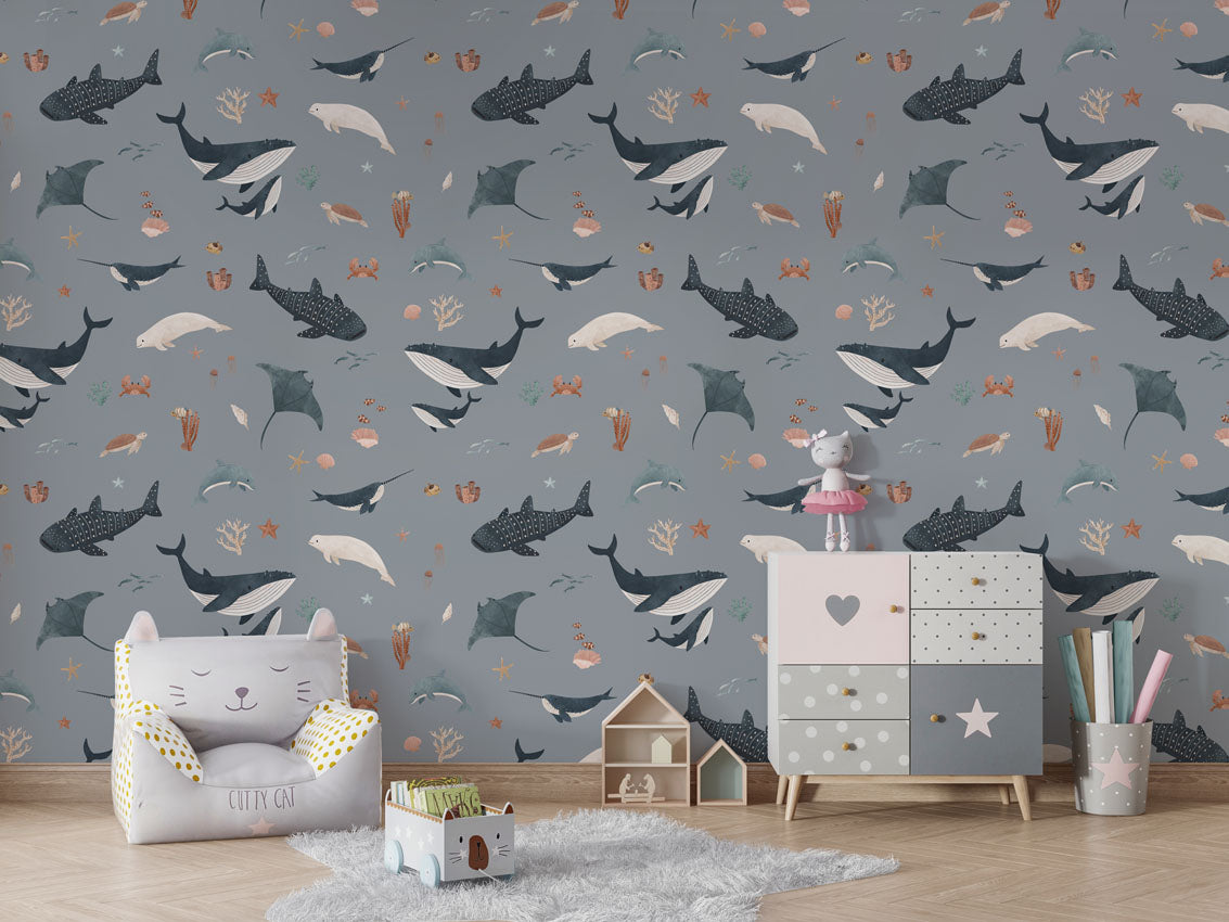 Splendid Sea - Blue luxury wallpaper in kids room interior — Artehub Egypt