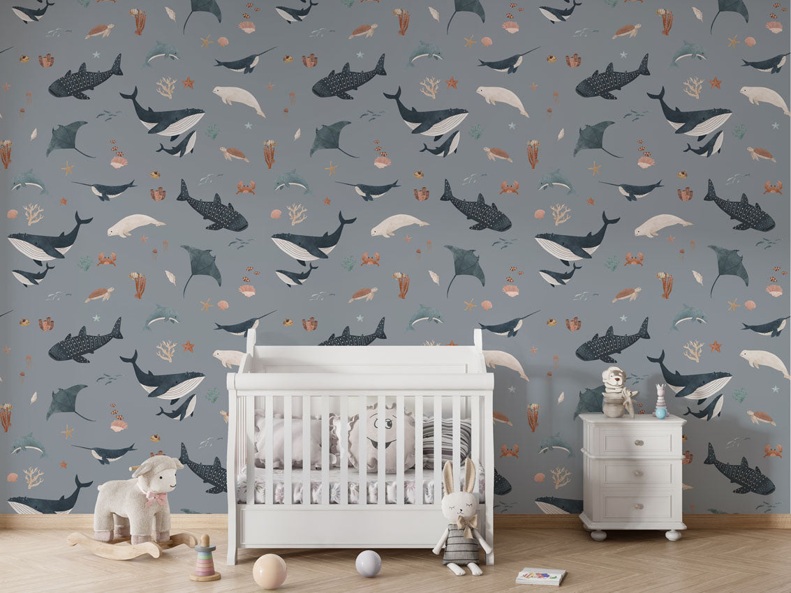 Splendid Sea - Blue luxury wallpaper in kids room interior — Artehub Egypt