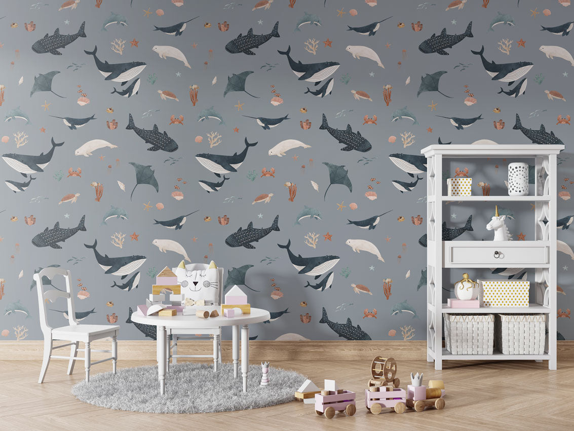 Splendid Sea - Blue luxury wallpaper in kids room interior — Artehub Egypt