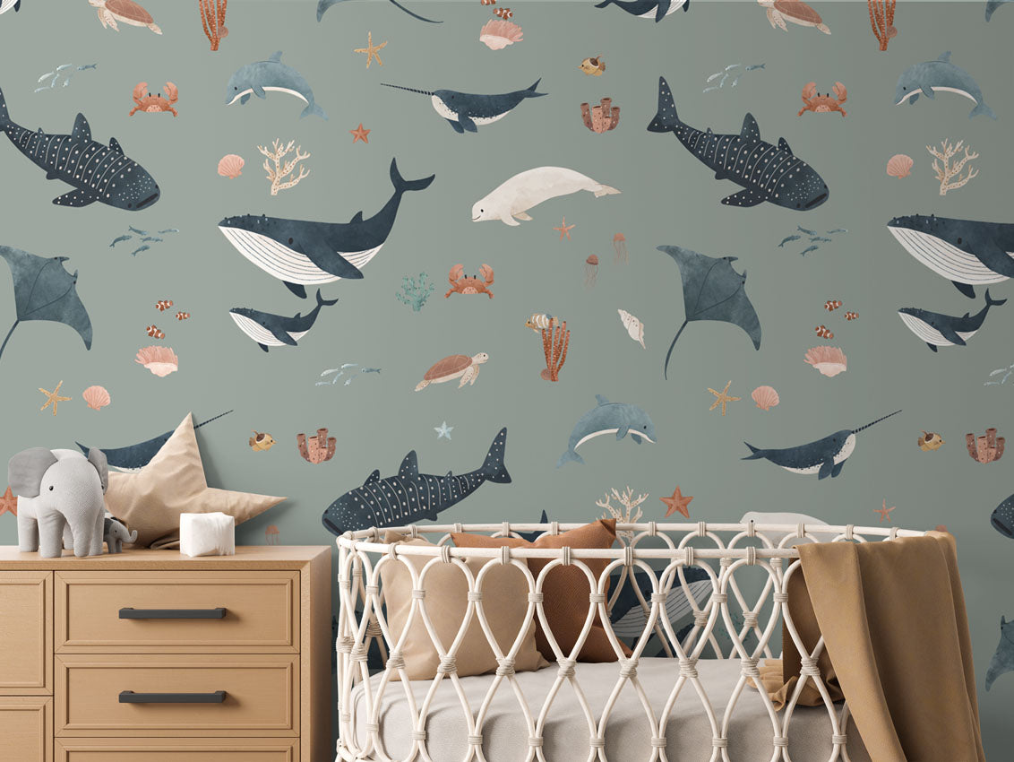 Splendid Sea - Green luxury wallpaper in kids room interior — Artehub Egypt