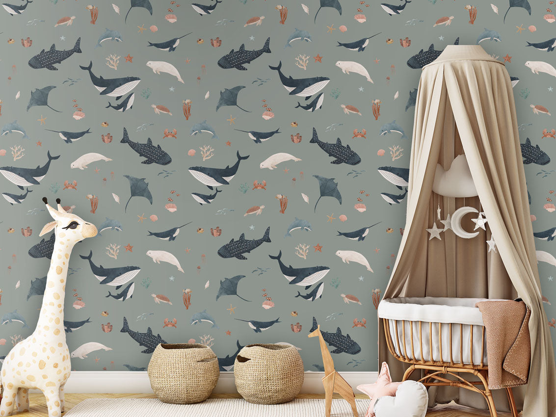 Splendid Sea - Green luxury wallpaper in kids room interior — Artehub Egypt