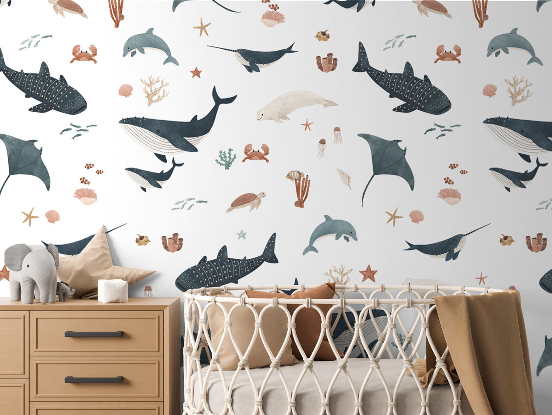 Splendid Sea - White luxury wallpaper in kids room interior — Artehub Egypt