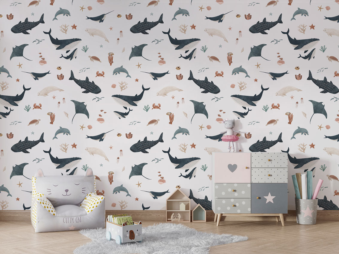 Splendid Sea - White luxury wallpaper in kids room interior — Artehub Egypt