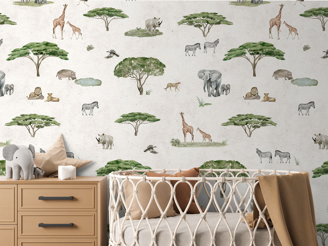 Sunny Savannah - White luxury wallpaper in kids room interior — Artehub Egypt