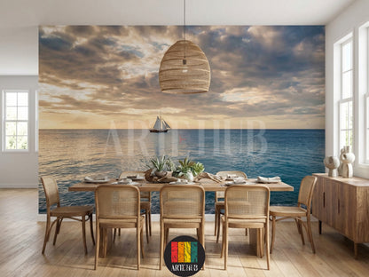 A serene dining room featuring a large wall mural canvas print of a sailboat on the calm ocean at sunset under a dramatic cloudy sky, perfect for adding a tranquil touch to any home in Egypt. The room has a beige sofa, blue and cream pillows, a glass coffee table, and a woven rug.
غرفة هادئة بها تابلوه حائط كبير على كانفاس يصور مركبًا شراعيًا في المحيط الهادئ عند الغروب تحت سماء ملبدة بالغيوم، مثالي لإضفاء لمسة من الهدوء لأي منزل في مصر. الغرفة تحتوي على أريكة بيج ووسائد زرقاء وكريمي 
room: dining room