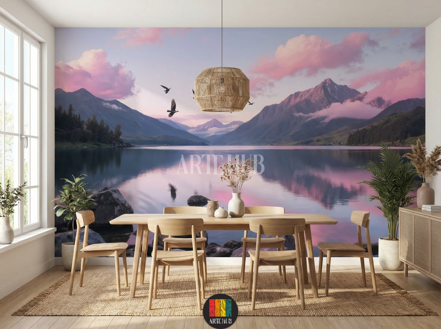 Full-wall wallpaper featuring a serene mountain lake at sunset with pink and purple clouds, birds flying, and lush green forests. Installed in a modern dining room with a white sectional sofa and marble coffee table, ideal for stylish home decor in Egypt.
ورق حائط يغطي حائطًا كاملاً لمنظر طبيعي خلاب لبحيرة جبلية عند الغروب مع غيوم وردية وبنفسجية وطيور تحلق وغابات خضراء مورقة. مركب في غرفة معيشة عصرية بأريكة بيضاء وطاولة قهوة رخامية، مثالي للديكور المنزلي الأنيق في مصر.
room: dining room