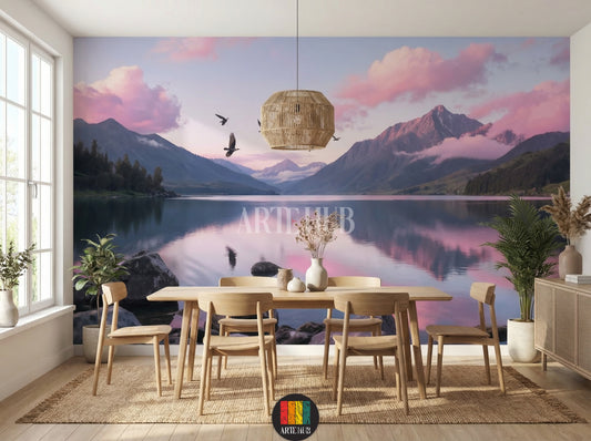 Full-wall wallpaper featuring a serene mountain lake at sunset with pink and purple clouds, birds flying, and lush green forests. Installed in a modern dining room with a white sectional sofa and marble coffee table, ideal for stylish home decor in Egypt.
ورق حائط يغطي حائطًا كاملاً لمنظر طبيعي خلاب لبحيرة جبلية عند الغروب مع غيوم وردية وبنفسجية وطيور تحلق وغابات خضراء مورقة. مركب في غرفة معيشة عصرية بأريكة بيضاء وطاولة قهوة رخامية، مثالي للديكور المنزلي الأنيق في مصر.
room: dining room