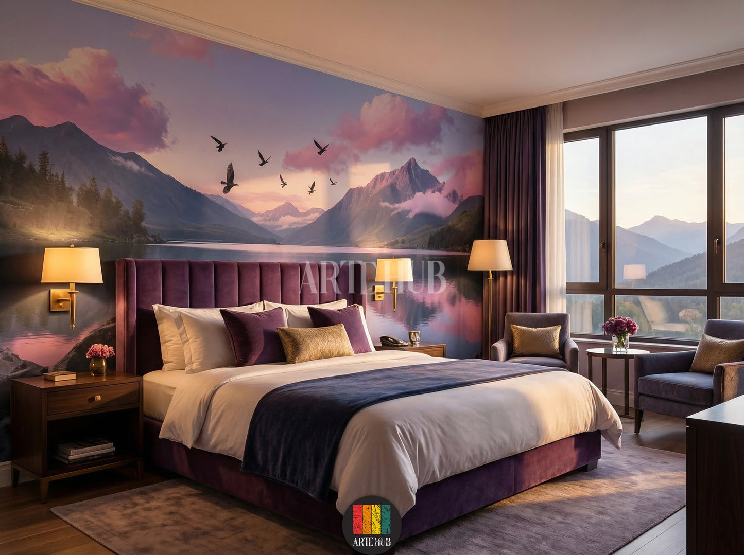 Full-wall wallpaper featuring a serene mountain lake at sunset with pink and purple clouds, birds flying, and lush green forests. Installed in a modern bedroom with a white sectional sofa and marble coffee table, ideal for stylish home decor in Egypt.
ورق حائط يغطي حائطًا كاملاً لمنظر طبيعي خلاب لبحيرة جبلية عند الغروب مع غيوم وردية وبنفسجية وطيور تحلق وغابات خضراء مورقة. مركب في غرفة معيشة عصرية بأريكة بيضاء وطاولة قهوة رخامية، مثالي للديكور المنزلي الأنيق في مصر.
room: bedroom