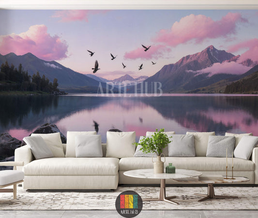 Full-wall wallpaper featuring a serene mountain lake at sunset with pink and purple clouds, birds flying, and lush green forests. Installed in a modern living room with a white sectional sofa and marble coffee table, ideal for stylish home decor in Egypt.
ورق حائط يغطي حائطًا كاملاً لمنظر طبيعي خلاب لبحيرة جبلية عند الغروب مع غيوم وردية وبنفسجية وطيور تحلق وغابات خضراء مورقة. مركب في غرفة معيشة عصرية بأريكة بيضاء وطاولة قهوة رخامية، مثالي للديكور المنزلي الأنيق في مصر.
room: living room