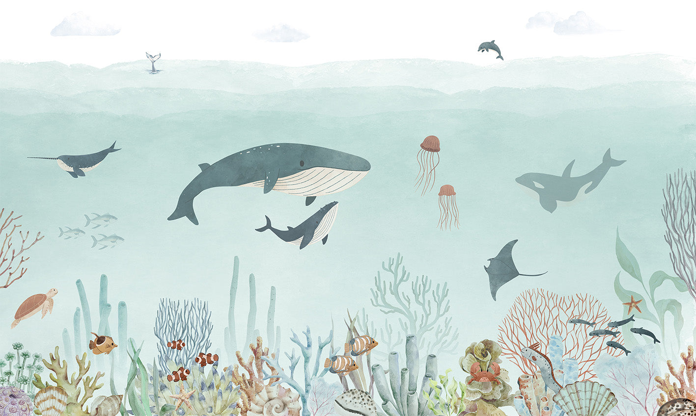 Sensational_Sea_-_Blue mural wallpaper design — premium kids room wallpaper by Artehub Egypt