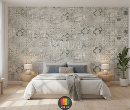 A stylish bedroom featuring Souk-patterned wallpaper with intricate geometric and abstract designs. A light grey sofa, round wooden coffee table, woven pendant lamp, and a large potted olive tree complete the bohemian-inspired decor in an Egyptian home.
صورة لغرفة نوم أنيقة تتميز بورق حائط بنمط سوق بنقوش هندسية وتجريدية. يتوسط الغرفة كنبة رمادية فاتحة، طاولة قهوة خشبية مستديرة، ومصباح معلق من الخوص، وشجرة زيتون كبيرة في وعاء، لتكتمل الأجواء البوهيمية العصرية في منزل مصري.
room: bedroom