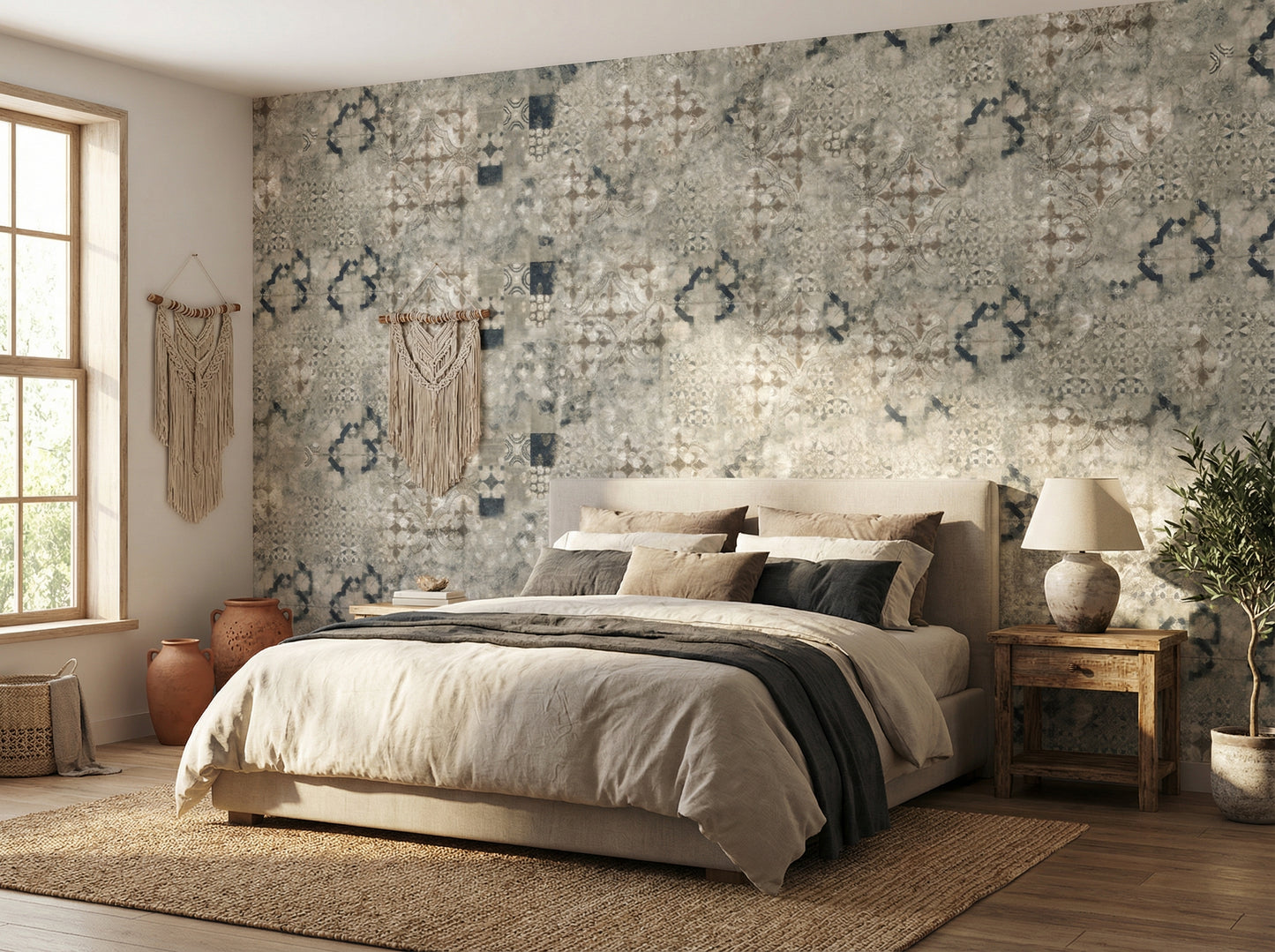 A stylish living room featuring Souk-patterned wallpaper with intricate geometric and abstract designs. A light grey sofa, round wooden coffee table, woven pendant lamp, and a large potted olive tree complete the bohemian-inspired decor in an Egyptian home.
صورة لغرفة معيشة أنيقة تتميز بورق حائط بنمط سوق بنقوش هندسية وتجريدية. يتوسط الغرفة كنبة رمادية فاتحة، طاولة قهوة خشبية مستديرة، ومصباح معلق من الخوص، وشجرة زيتون كبيرة في وعاء، لتكتمل الأجواء البوهيمية العصرية في منزل مصري.
room: bedroom