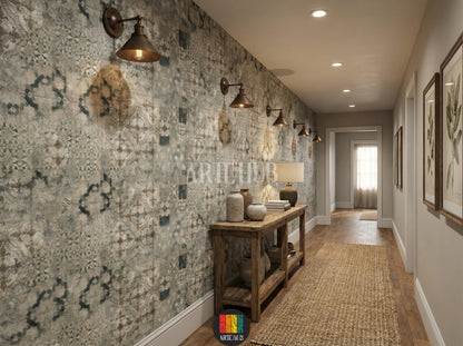 A stylish hallway featuring Souk-patterned wallpaper with intricate geometric and abstract designs. A light grey sofa, round wooden coffee table, woven pendant lamp, and a large potted olive tree complete the bohemian-inspired decor in an Egyptian home.
صورة لممر أنيقة تتميز بورق حائط بنمط سوق بنقوش هندسية وتجريدية. يتوسط الغرفة كنبة رمادية فاتحة، طاولة قهوة خشبية مستديرة، ومصباح معلق من الخوص، وشجرة زيتون كبيرة في وعاء، لتكتمل الأجواء البوهيمية العصرية في منزل مصري.
room: hallway