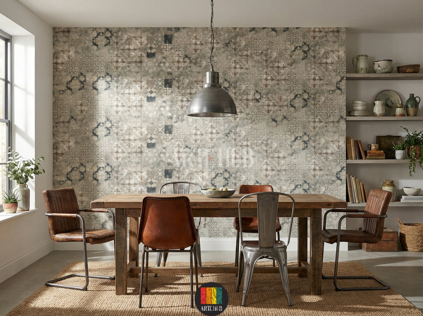 A stylish dining room featuring Souk-patterned wallpaper with intricate geometric and abstract designs. A light grey sofa, round wooden coffee table, woven pendant lamp, and a large potted olive tree complete the bohemian-inspired decor in an Egyptian home.
صورة لغرفة سفرة أنيقة تتميز بورق حائط بنمط سوق بنقوش هندسية وتجريدية. يتوسط الغرفة كنبة رمادية فاتحة، طاولة قهوة خشبية مستديرة، ومصباح معلق من الخوص، وشجرة زيتون كبيرة في وعاء، لتكتمل الأجواء البوهيمية العصرية في منزل مصري.
room: dining room