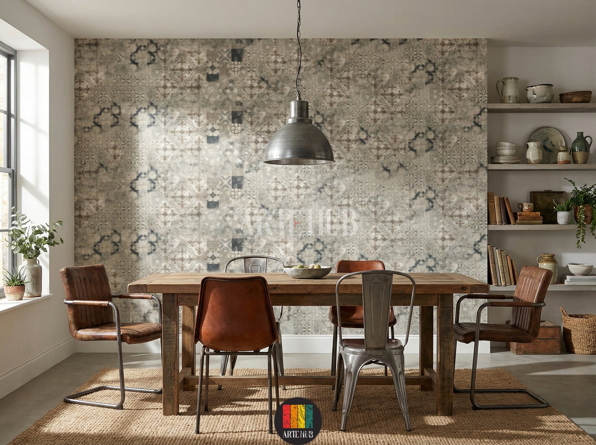 A stylish dining room featuring Souk-patterned wallpaper with intricate geometric and abstract designs. A light grey sofa, round wooden coffee table, woven pendant lamp, and a large potted olive tree complete the bohemian-inspired decor in an Egyptian home.
صورة لغرفة سفرة أنيقة تتميز بورق حائط بنمط سوق بنقوش هندسية وتجريدية. يتوسط الغرفة كنبة رمادية فاتحة، طاولة قهوة خشبية مستديرة، ومصباح معلق من الخوص، وشجرة زيتون كبيرة في وعاء، لتكتمل الأجواء البوهيمية العصرية في منزل مصري.
room: dining room