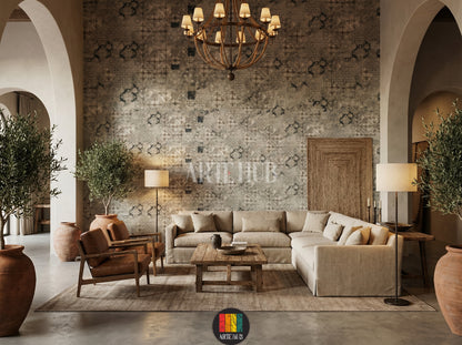 A stylish lobby featuring Souk-patterned wallpaper with intricate geometric and abstract designs. A light grey sofa, round wooden coffee table, woven pendant lamp, and a large potted olive tree complete the bohemian-inspired decor in an Egyptian home.
صورة لريسيبشن فندق أنيق تتميز بورق حائط بنمط سوق بنقوش هندسية وتجريدية. يتوسط الغرفة كنبة رمادية فاتحة، طاولة قهوة خشبية مستديرة، ومصباح معلق من الخوص، وشجرة زيتون كبيرة في وعاء، لتكتمل الأجواء البوهيمية العصرية في منزل مصري.
room: lobby
