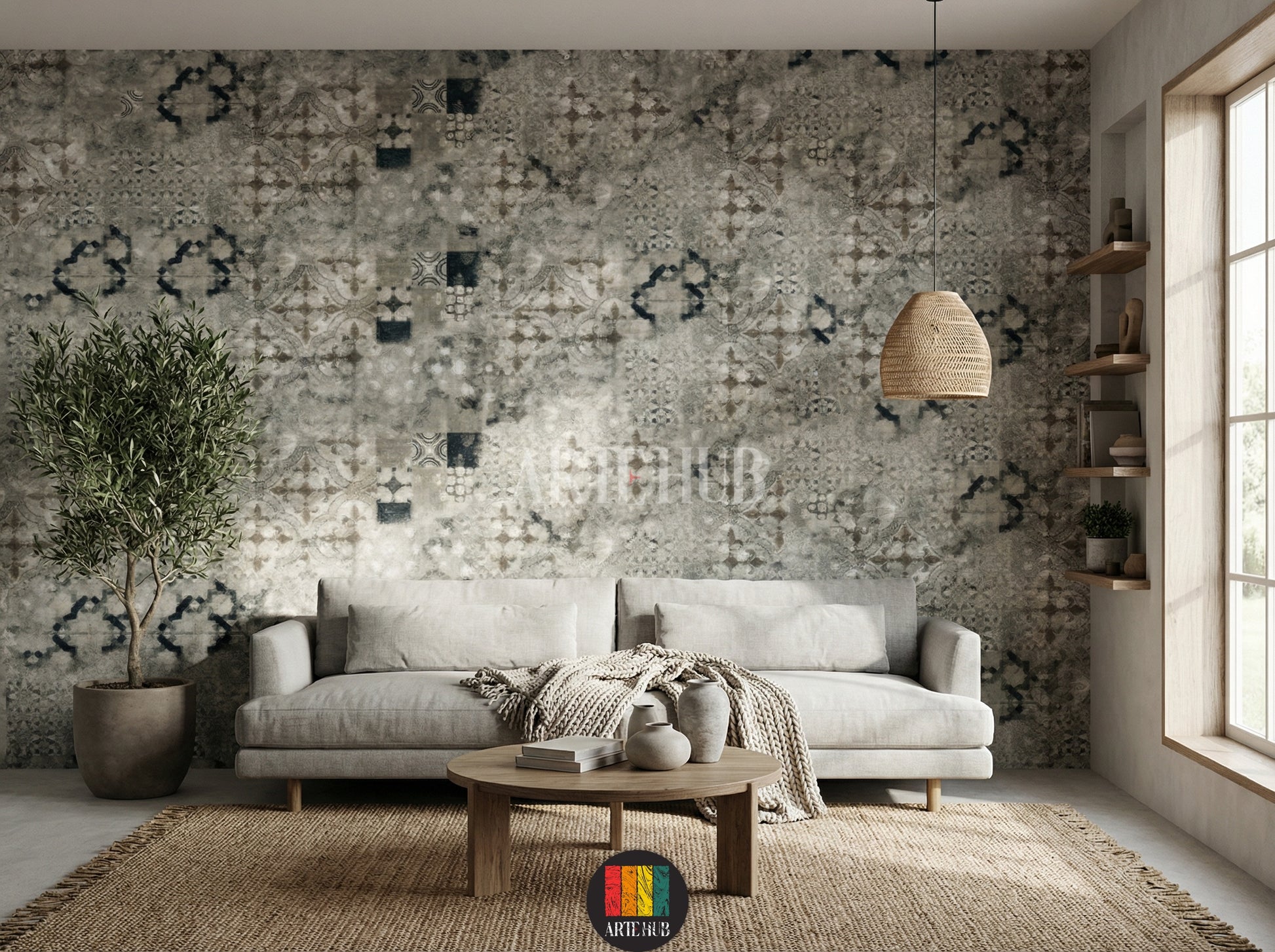 A stylish living room featuring Souk-patterned wallpaper with intricate geometric and abstract designs. A light grey sofa, round wooden coffee table, woven pendant lamp, and a large potted olive tree complete the bohemian-inspired decor in an Egyptian home.
صورة لغرفة معيشة أنيقة تتميز بورق حائط بنمط سوق بنقوش هندسية وتجريدية. يتوسط الغرفة كنبة رمادية فاتحة، طاولة قهوة خشبية مستديرة، ومصباح معلق من الخوص، وشجرة زيتون كبيرة في وعاء، لتكتمل الأجواء البوهيمية العصرية في منزل مصري.
room: living room