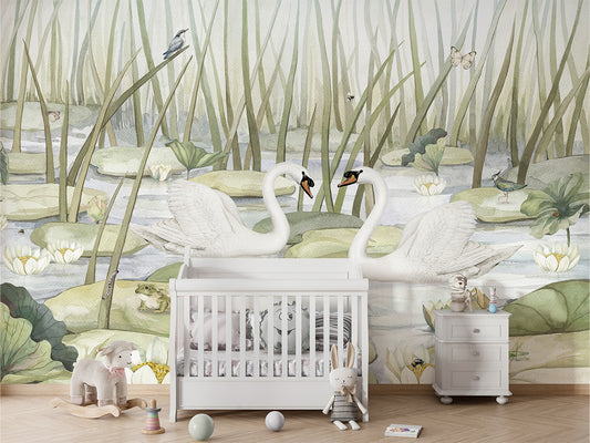 Spectacular Swans luxury wallpaper in kids room interior — Artehub Egypt