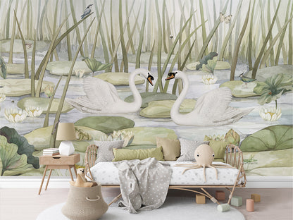 Spectacular Swans luxury wallpaper in kids room interior — Artehub Egypt