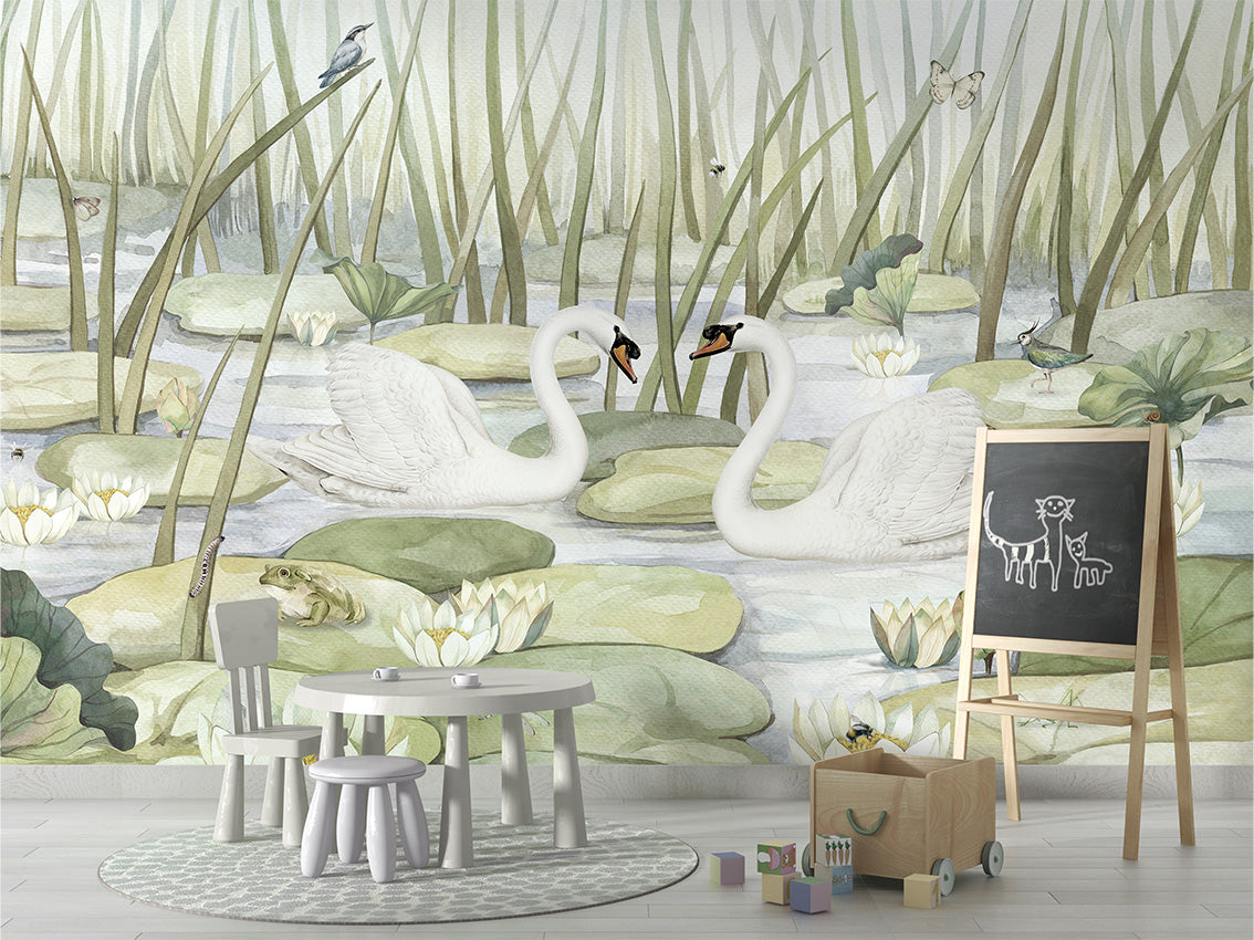 Spectacular Swans luxury wallpaper in kids room interior — Artehub Egypt