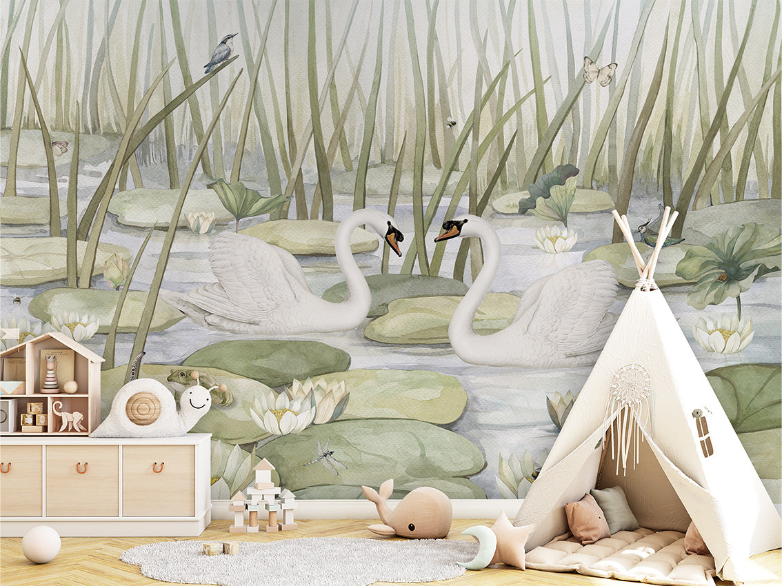 Spectacular Swans luxury wallpaper in kids room interior — Artehub Egypt
