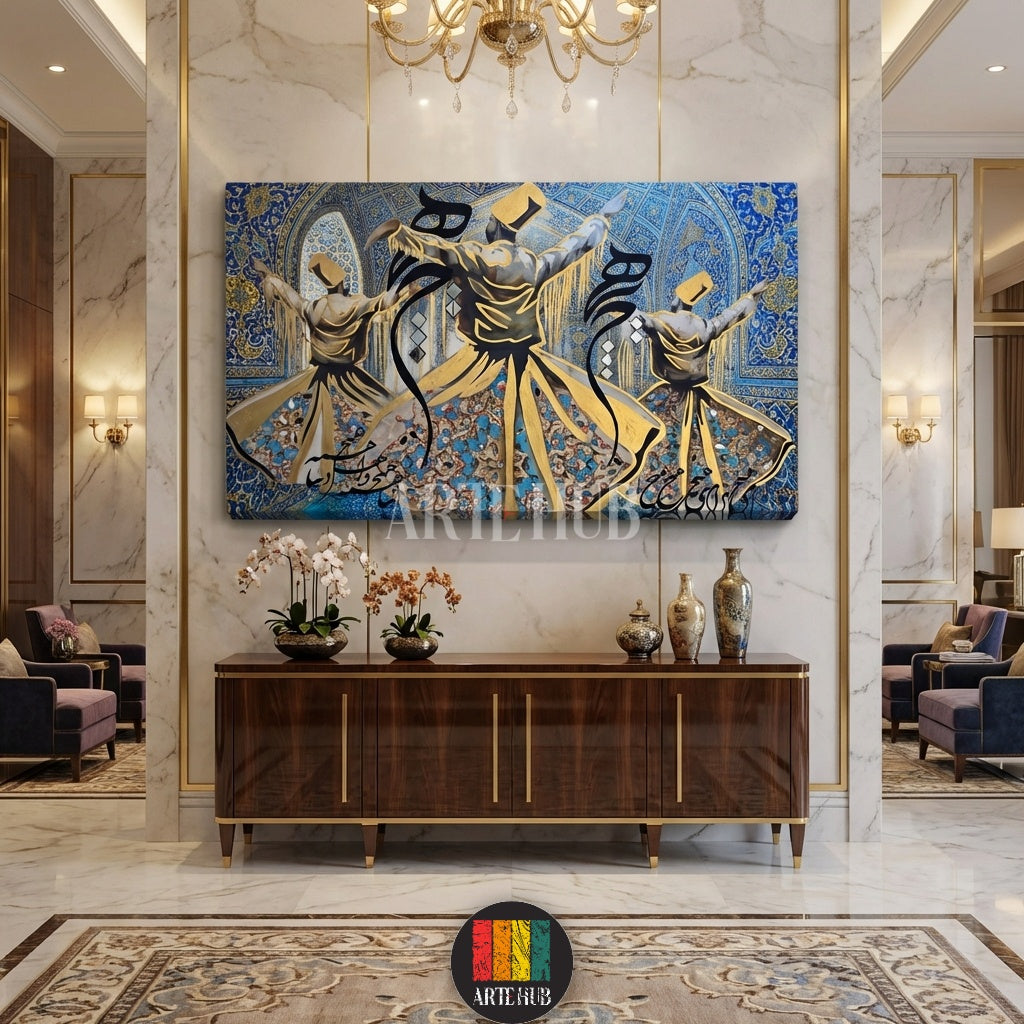 Detailed Sufi Whirling Dervish canvas print with intricate Arabic calligraphy and gold accents, showcased in a luxury Egyptian style home from Artehub Egypt.

 لوحة دراويش صوفية فنية مع خط عربي مذهب، معروضة في غرفة معيشة مصرية كلاسيكية فاخرة من Artehub مصر.