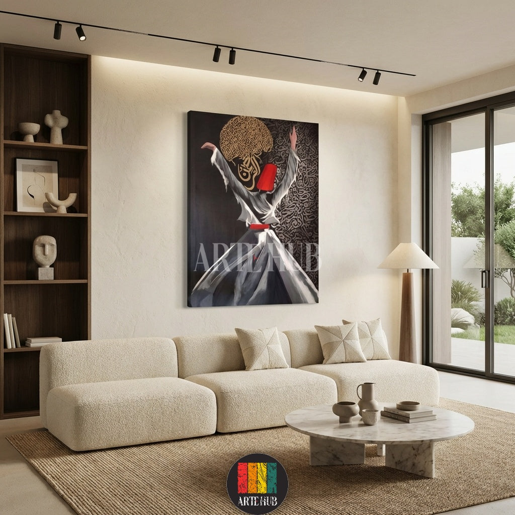  Spiritual whirling dervish wall art with gold Arabic calligraphy accents on a canvas from Artehub, ideal for stylish home decoration in Egypt.

تابلوه كانفاس يجسد رقصة المولوي مع زخارف خط عربي ذهبية من آرت هب، قطعة ديكور حائط مميزة للمنازل في مصر.