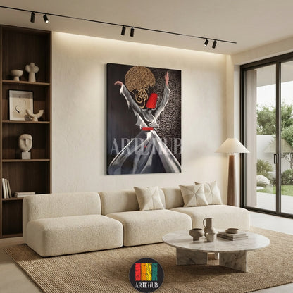  Spiritual whirling dervish wall art with gold Arabic calligraphy accents on a canvas from Artehub, ideal for stylish home decoration in Egypt.

تابلوه كانفاس يجسد رقصة المولوي مع زخارف خط عربي ذهبية من آرت هب، قطعة ديكور حائط مميزة للمنازل في مصر.